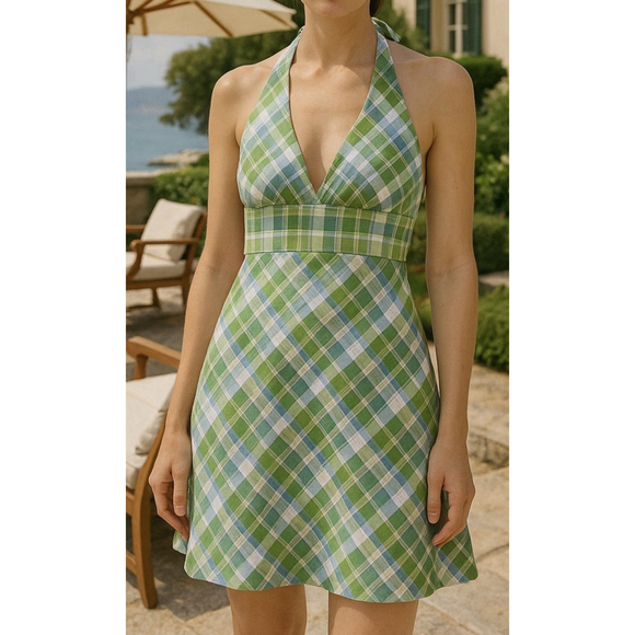 J. Crew Dresses & Skirts - J.Crew Green Blue Check Plaid Halter Dress Women’s Small Old Money Preppy Resort